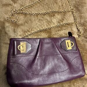Ferragamo Leather Clutch with Shoulder Strap- Purple